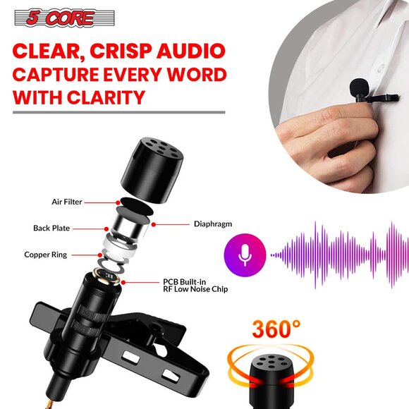 5 CORE Premium Lavalier Microphone Lapel Clip-on Mini Wired Omnidirectional Cond - Picture 6 of 15